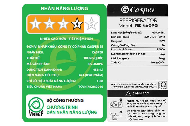 Tủ lạnh Casper Inverter 458 lít RS-460PBW