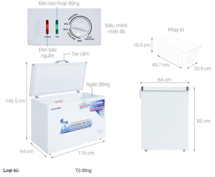 Tủ đông Alaska 1 ngăn 295 lít Inverter BD400CI vat