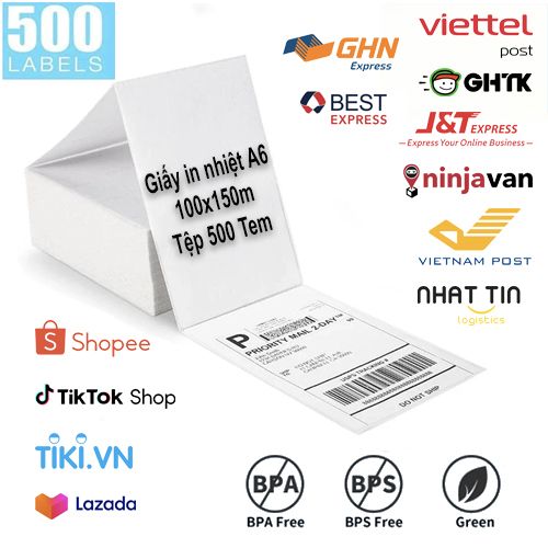 Giấy in nhiệt A6, 100x150mm, 4×6 Giấy in nhiệt vận chuyển dạng xấp 500 tem 